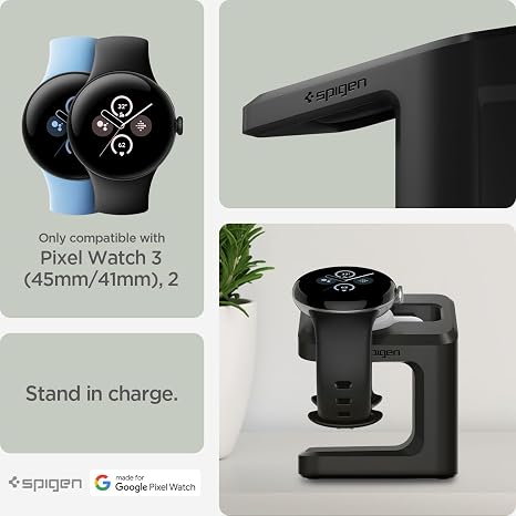 Spigen for Pixel Watch 3/2 45mm 41mm Charger Stand, S355 Wireless Nightstand Mode Durable TPU with Nanotac Non-Slip Base (NOT Compatible with Pixel Watch 1), Black