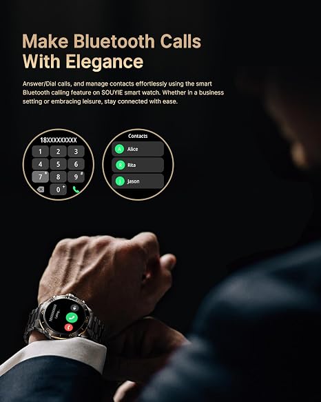 SOUYIE Luxury Smart Watch for Men Bluetooth Call, 1.43" AMOLED, iOS/Android 400mAh Heavy Duty Men's Smartwatch Heart Rate Blood Oxygen Blood Pressure Sleep Monitor Pedometer 2 Straps Fitness Tracker