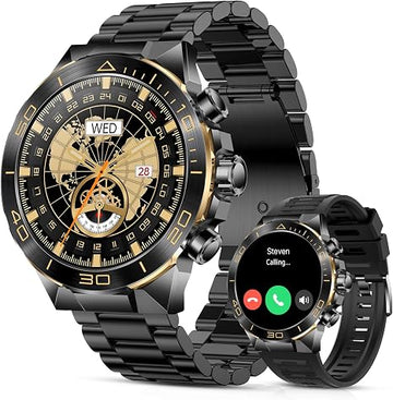 SOUYIE Luxury Smart Watch for Men Bluetooth Call, 1.43" AMOLED, iOS/Android 400mAh Heavy Duty Men's Smartwatch Heart Rate Blood Oxygen Blood Pressure Sleep Monitor Pedometer 2 Straps Fitness Tracker